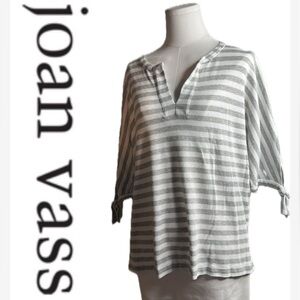 JOAN VASS Knit Grey‎ Stripe Easy Pullover Johnny Collar Tunic 3/4 Sleeve Top 16